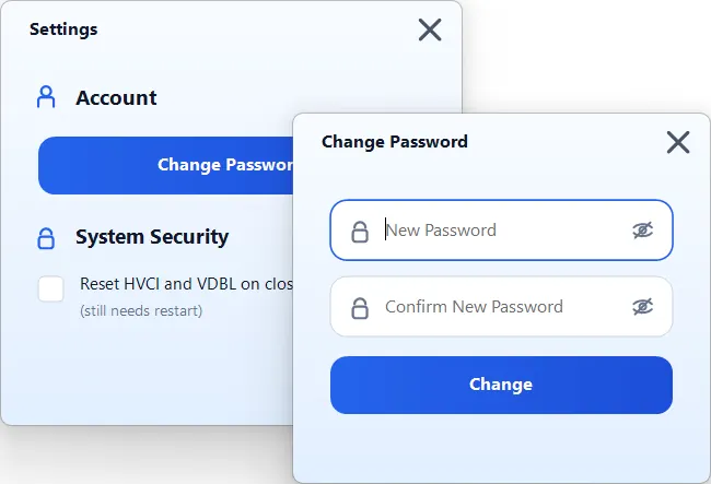 Oracle settings and change password windows